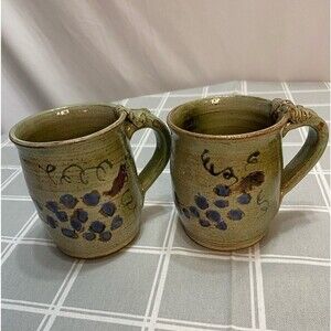 Pottery Coffee Mugs Grape Vine Primitive Handmade Artisan Crafted Set of 2 Cups